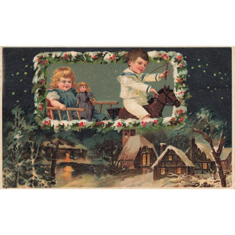 n°29491 - Noël - Enfants dans une charette tirée par un cheval en bois, au-dessus d'un village