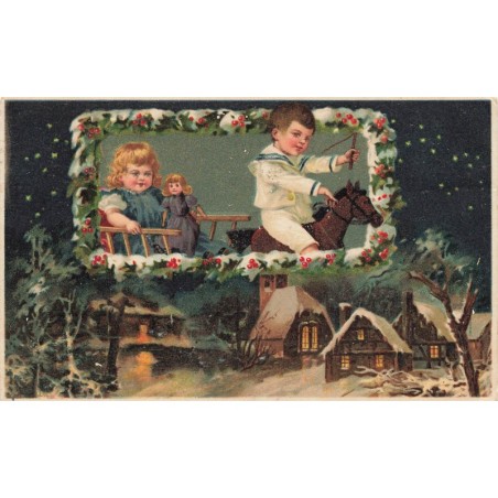 n°29491 - Noël - Enfants dans une charette tirée par un cheval en bois, au-dessus d'un village