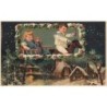 n°29491 - Noël - Enfants dans une charette tirée par un cheval en bois, au-dessus d'un village