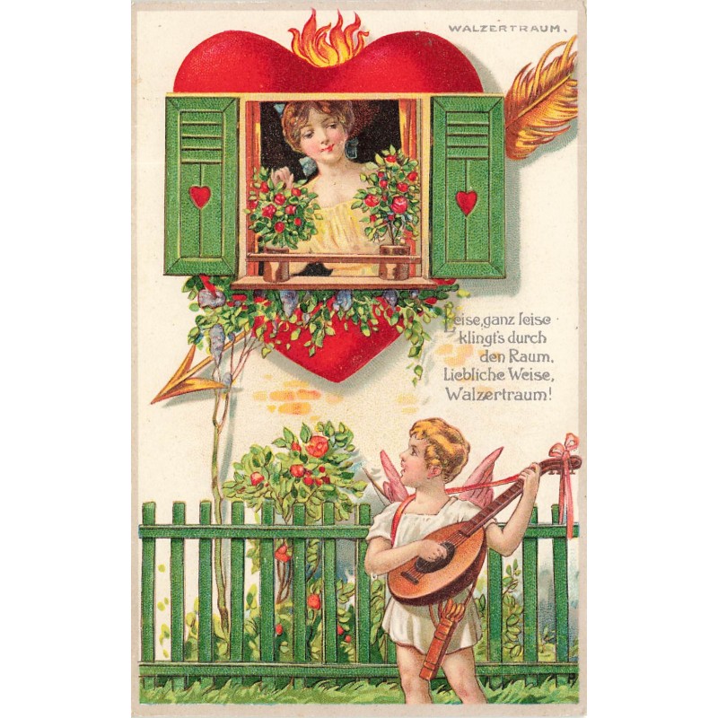 n°29492 - Carte Gaufrée - Ange - Cupidon chantant une sérénade pour une jeune femme