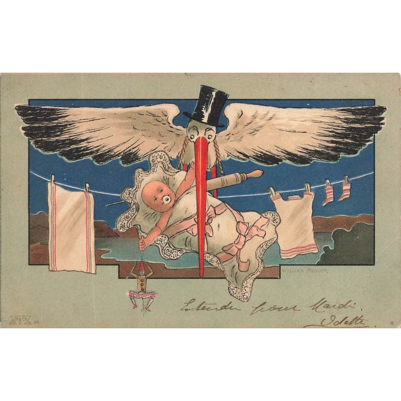 n°29494 - Fantaisie - William Müller - Cigogne apportant un bébé dans son bec