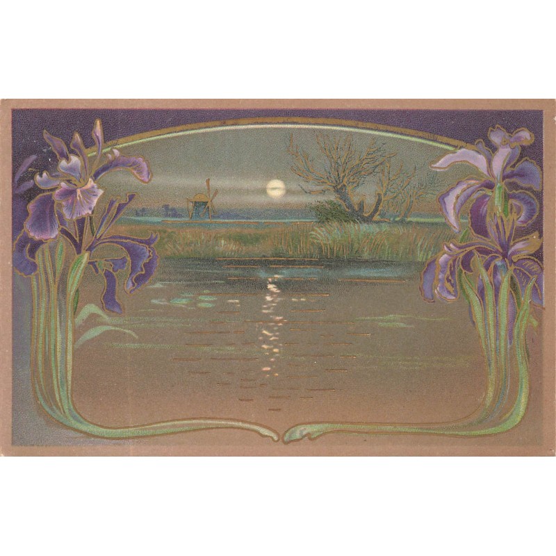 n°29495 - Fantaisie - Art Nouveau -  Un paysage au clair de lune - Moulin à vent - Iris