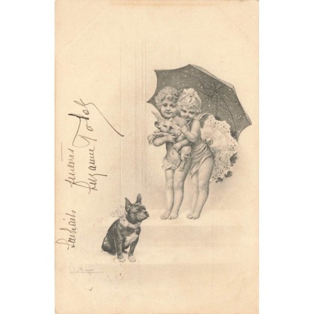 n°29500 - Chien - Deux anges portant un cochon regardant un bouledogue français - MM Vienne n°160