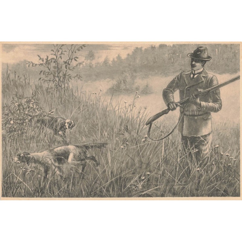 n°29506 - Illustrateur MM Vienne - Un chasseur et ses chiens au milieu d'herbes hautes - chasse