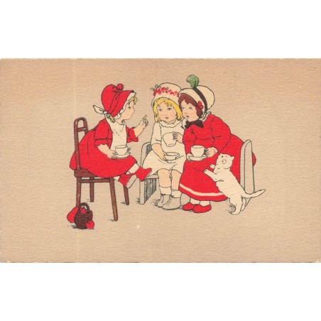 n°29509 - Fantaisie - Style Ebner - Fillettes prenant le thé - chat