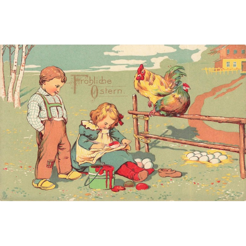 n°29511 - Fröhliche Ostern - Un garçon, un coq et une poule regardant une fillette peignant des oeufs