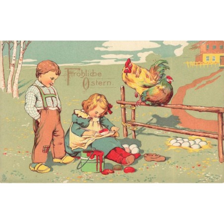 n°29511 - Fröhliche Ostern - Un garçon, un coq et une poule regardant une fillette peignant des oeufs