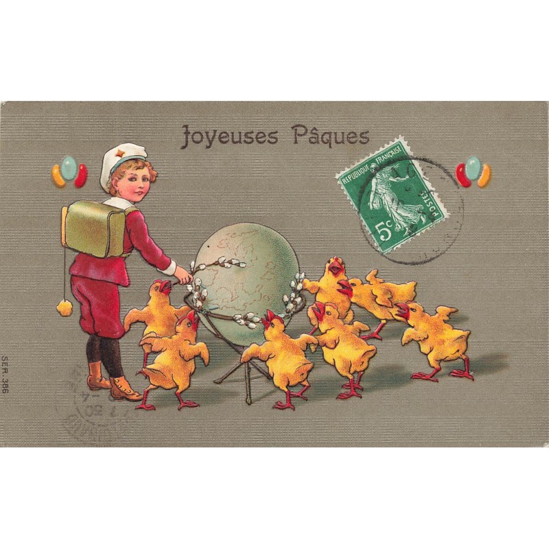 n°29512 - Carte Gaufrée - SER 386 - Joyeuses Pâques - Poussins et un jeune garçon autour d'un oeuf