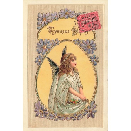 n°29513 - Carte Gaufrée - Joyeuses Pâques - Ange gardien entouré de fleurs