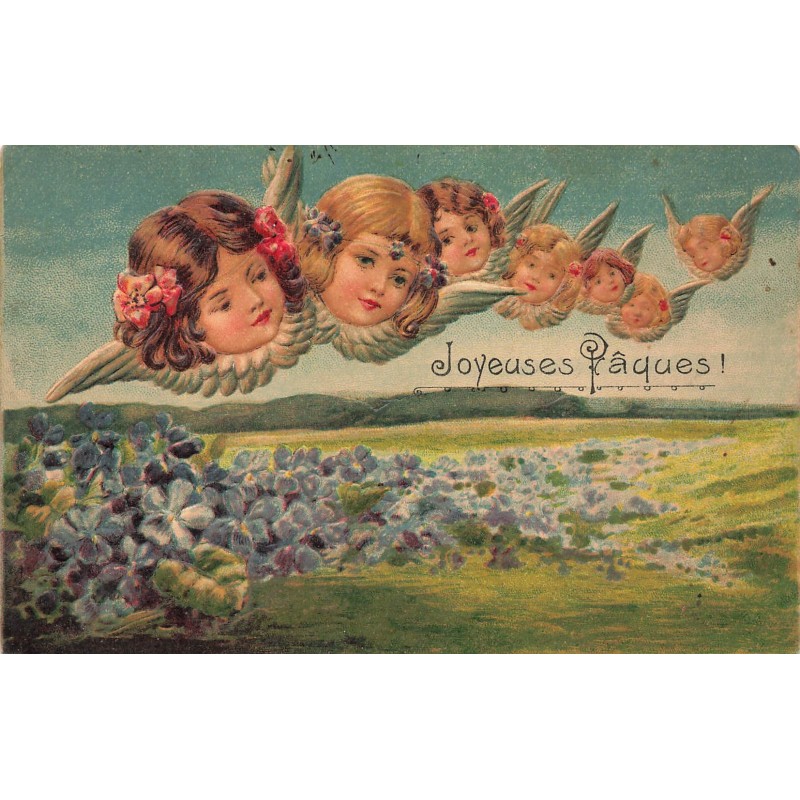 n°29514 - Carte Gaufrée - Joyeuses Pâques - Têtes d'anges dans le ciel au-dessus de violettes