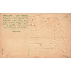 n°29514 - Carte Gaufrée - Joyeuses Pâques - Têtes d'anges dans le ciel au-dessus de violettes