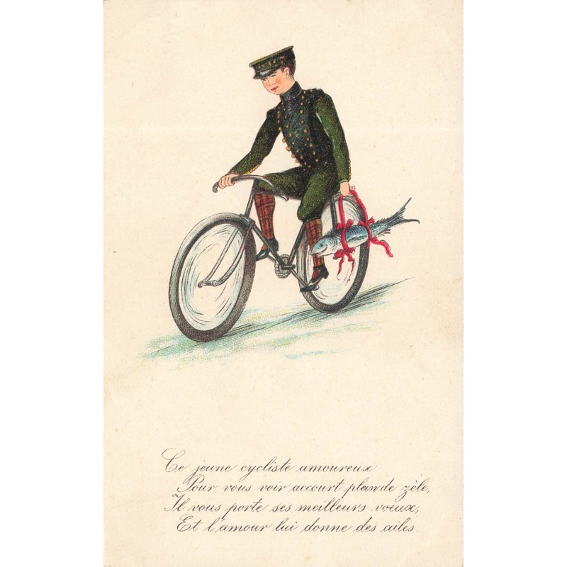 n°29515 - 1er Avril - Ce jeune cycliste amoureux .... lui donne des ailes - Poisson
