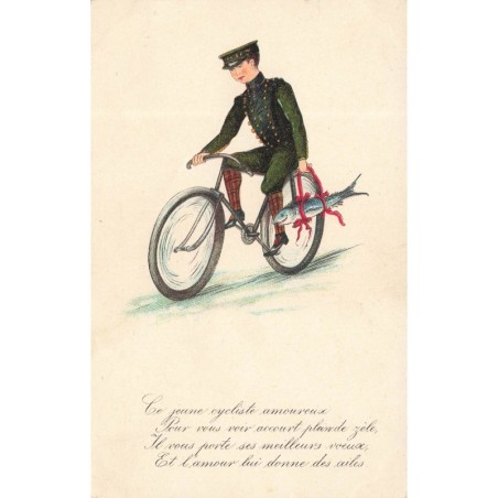 n°29515 - 1er Avril - Ce jeune cycliste amoureux .... lui donne des ailes - Poisson