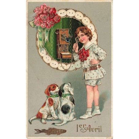 n°29516 - 1er Avril - Deux chiens regardant une fillette au téléphone