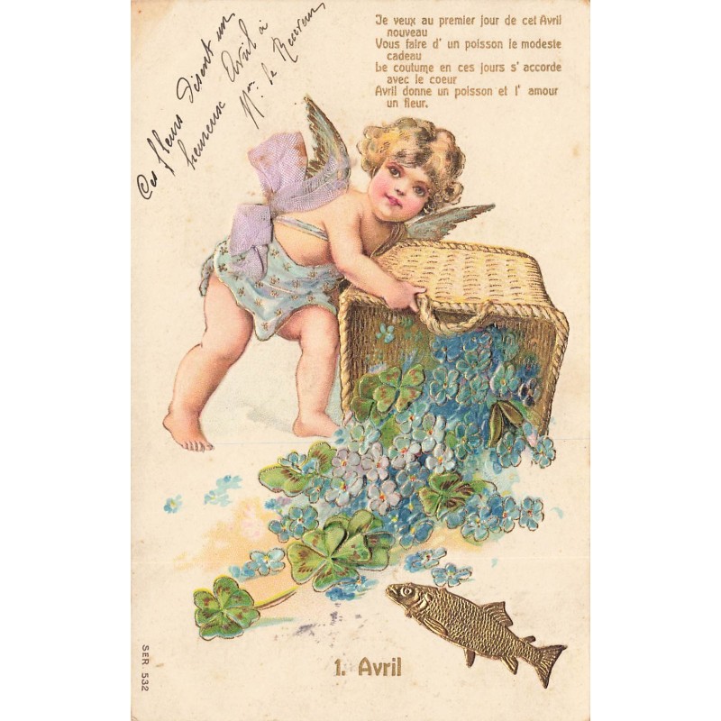 n°29517 - Carte Gaufrée - 1er Avril - Je veux au premier jour de cet Avril nouveau . - Ange avec noeuden tissus