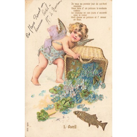 n°29517 - Carte Gaufrée - 1er Avril - Je veux au premier jour de cet Avril nouveau . - Ange avec noeuden tissus