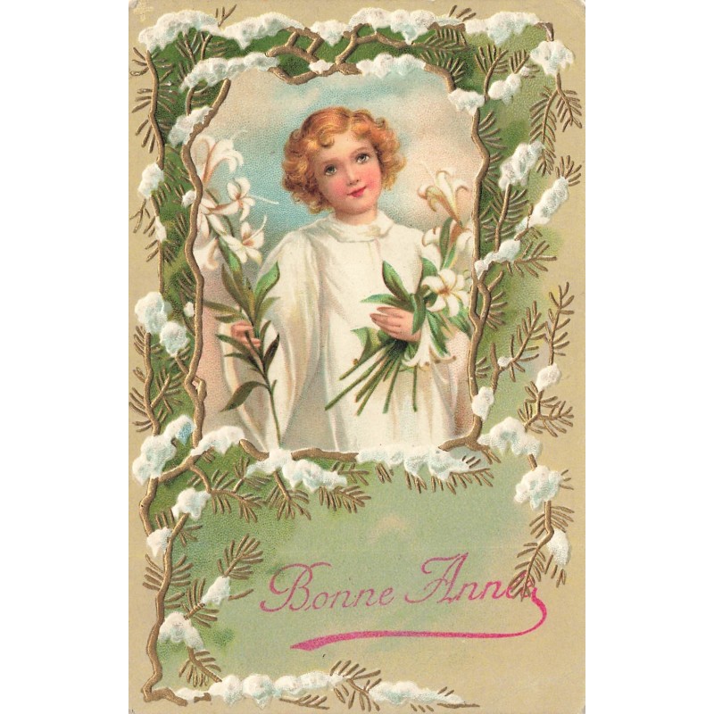 n°29519 - Carte Gaufrée - Clapsaddle - Bonne Année - Ange tenant des fleurs, entouré de branches de sapin enneigées
