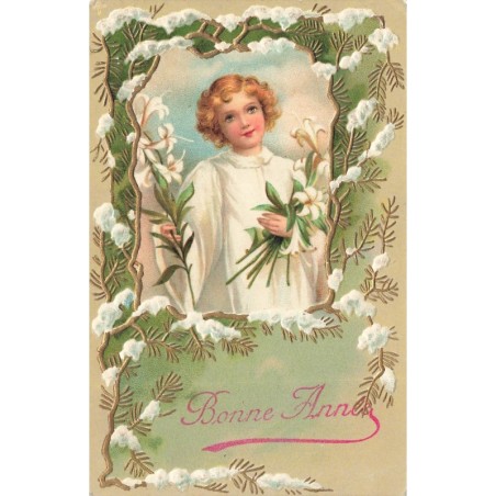 n°29519 - Carte Gaufrée - Clapsaddle - Bonne Année - Ange tenant des fleurs, entouré de branches de sapin enneigées