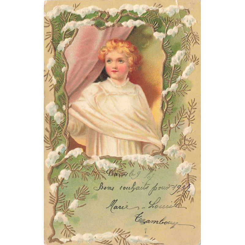n°29520 - Carte Gaufrée - Clapsaddle - Bonne Année - Ange, entouré de branches de sapin enneigées