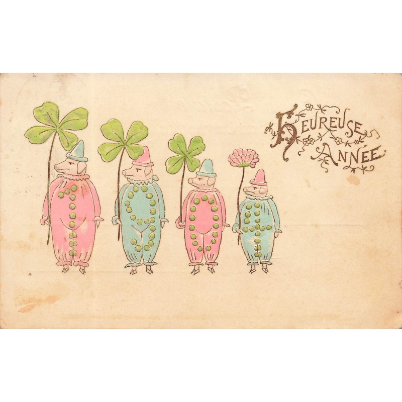 n°29521 - Carte Gaufrée - 1904 - Heureuse Année - Cochons habillés tenant des trèfles