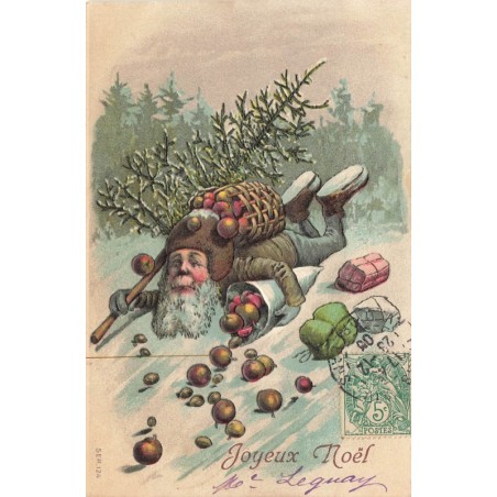 n°29529 - Carte Gaufrée - Joyeux Noël - Nain tombé dans la neige, avec ses paquets, et des pommes