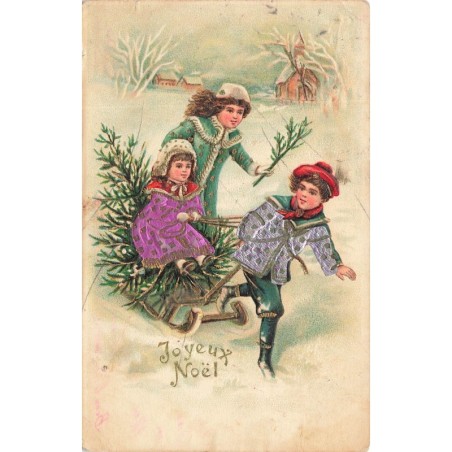 n°29530 - Carte Gaufrée - Joyeux Noël - Enfants transportant un sapin à l'aide d'une luge