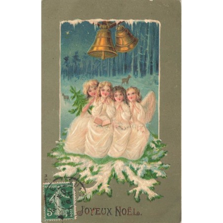 n°29531 - Carte Gaufrée - MSIB - Joyeux Noël - Anges chantant sous des cloches, dans une forêt