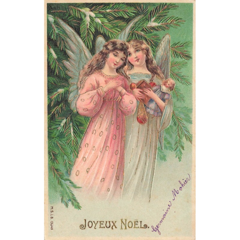 n°29532 - Carte Gaufrée - MSIB - Joyeux Noël - Anges gardiens près d'un sapin, l'un portant des jouets