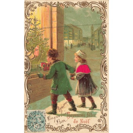 n°29533 - Carte Gaufrée - Joyeuses Fêtes de Noël - Couple d'enfant regardant des jouets dans une vitrine