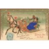 n°29535 - Carte Gaufrée - Joyeuses Fêtes de Noël - Couple se promenant dans un traîneau tiré par un cheval