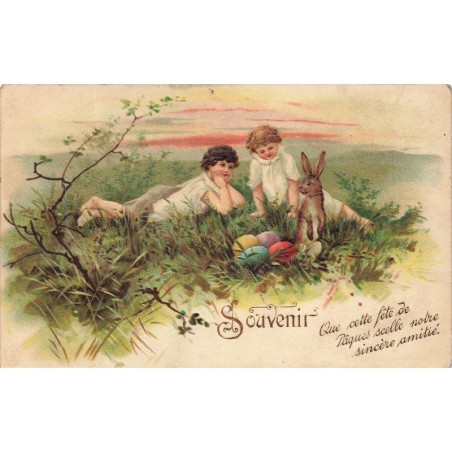 n°29538 - Carte Gaufrée - Fantaisie - Souvenir - Enfants près d'un lièvre, et d'oeufs