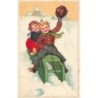 n°29540 - Carte Gaufrée - Fantaisie - Couple d'enfants sur une luge dans la neige