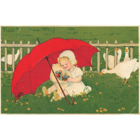 n°29546 - Fantaisie - Flatscher - Fillette assise sous un parapluie dans l'herbe admirant le contenu de son sac