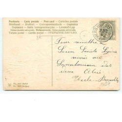 n°13627 - Carte Gaufrée - Joyeuses Pâques - Fillette avec des moutons tirant une charette avec un oeuf dessus