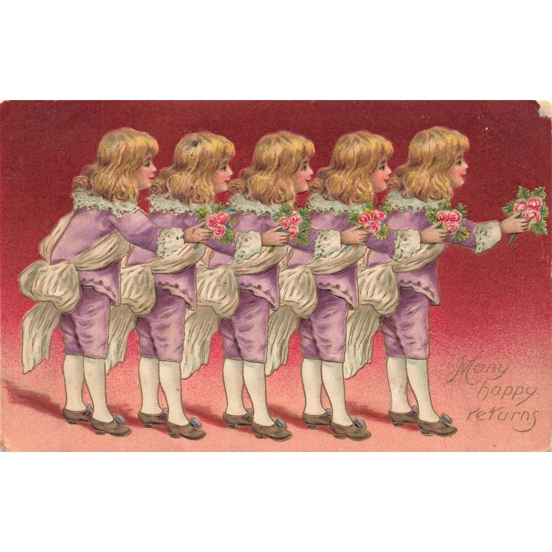 n°29549 - Carte Gaufrée - Fantaisie - Many happy returns - Jeunes hommes avec des fleurs