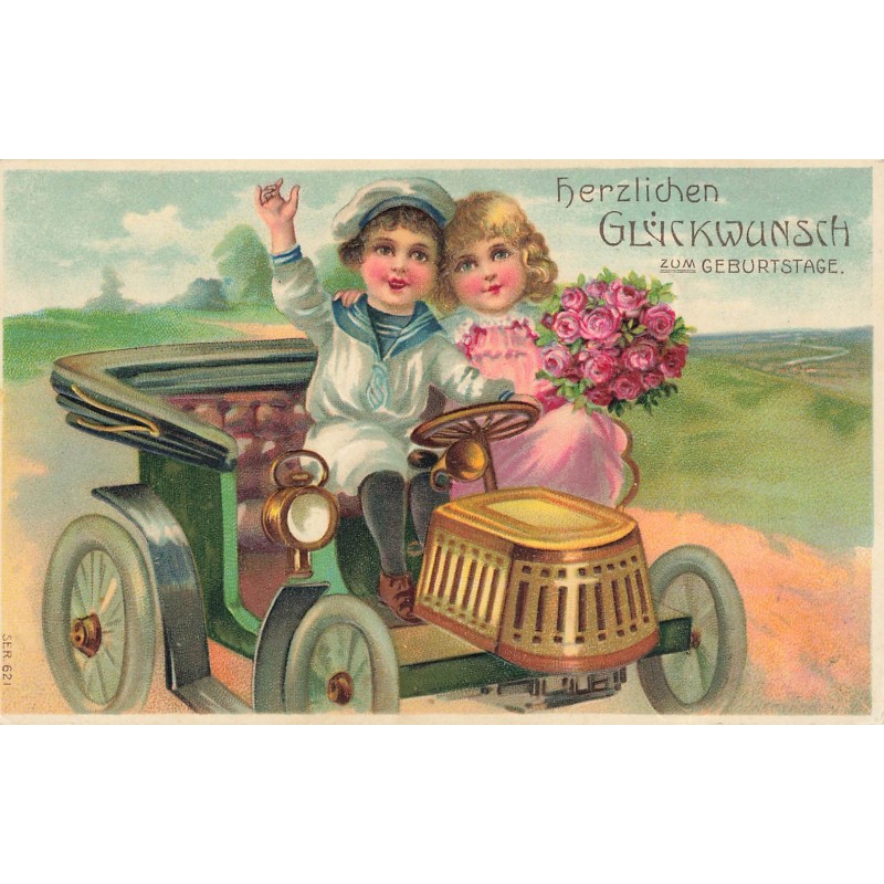 n°29550 - Carte Gaufrée - Anniversaire - SER 621 - Couple au volant d'une voiture