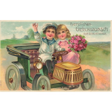 n°29550 - Carte Gaufrée - Anniversaire - SER 621 - Couple au volant d'une voiture