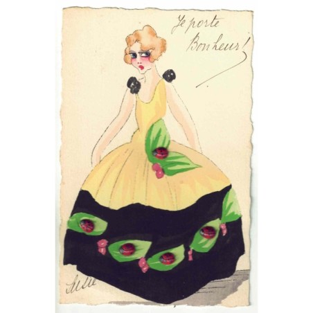 n°29551 - Carte peinte à la main - Fantaisie - Jeune femme portant une robe avec des coccinelles (en relief)