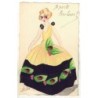 n°29551 - Carte peinte à la main - Fantaisie - Jeune femme portant une robe avec des coccinelles (en relief)
