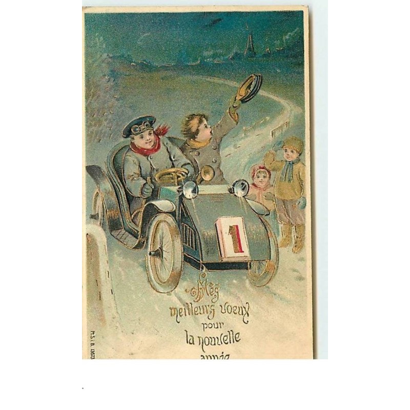 n°13629 - Carte Gaufrée - Mes meilleurs voeux pour la nouvelle année - Garçons dans une voiture