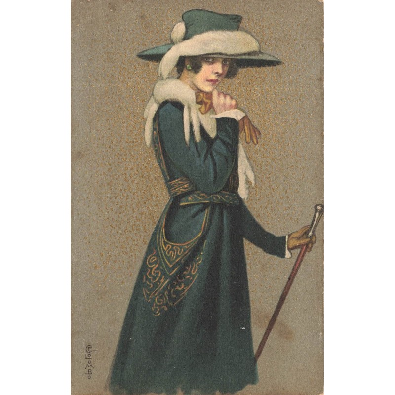 n°29555 - Illustrateur E. Colombo - Jeune femme en manteau tenant une canne