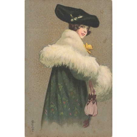 n°29556 - Illustrateur E. Colombo - Jeune femme en manteau avec des motifs fleuris, et un châle avec des plumes
