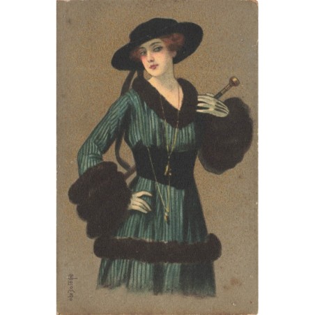 n°29557 - Illustrateur E. Colombo - Jeune femme en robe avec des manches en fourrure