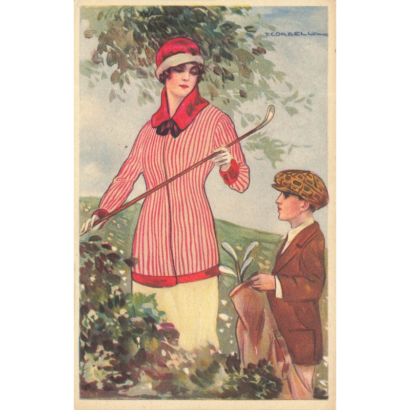 n°29561 - Illustrateur T. Corbella - Jeune femme tenant un club de golf, avec un jeune caddy à côté d'elle
