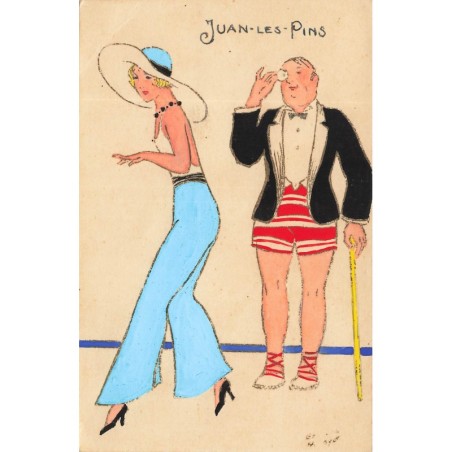 n°29562 - Edmond Lahaye - Juan-les-Pins - Homme regardant une jeune femme à l'aide de son monocle - Mode