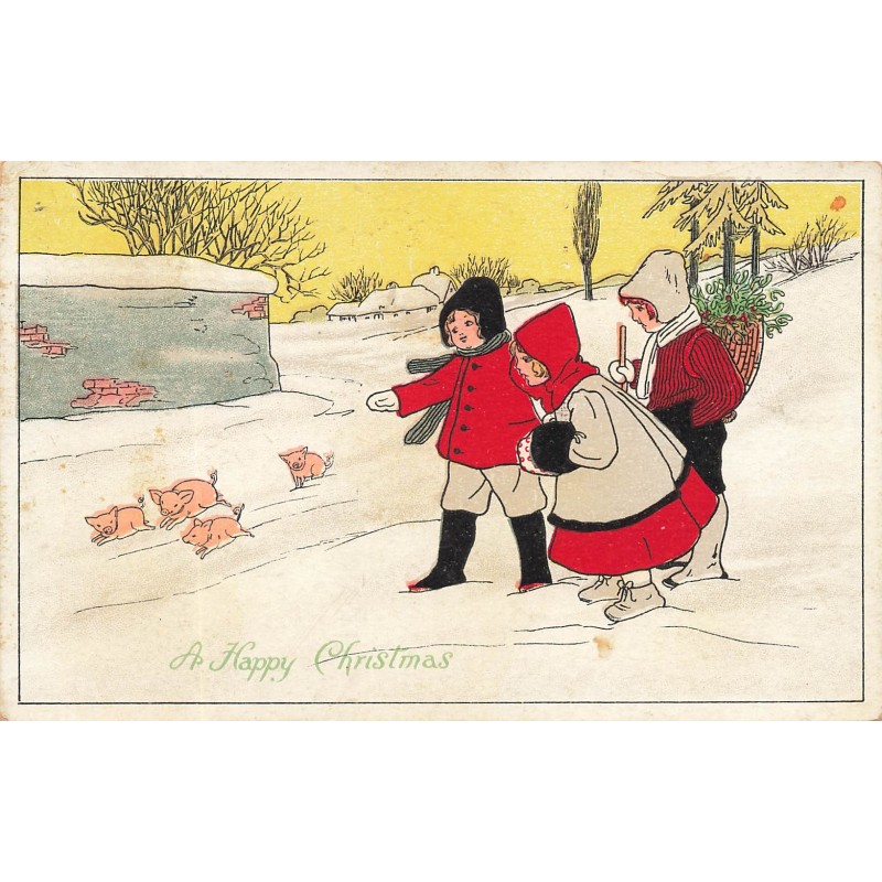 n°29570 - Illustrateur Pauli Ebner - A Happy Christmas - Enfants dans la neige, regardant des cochons courant