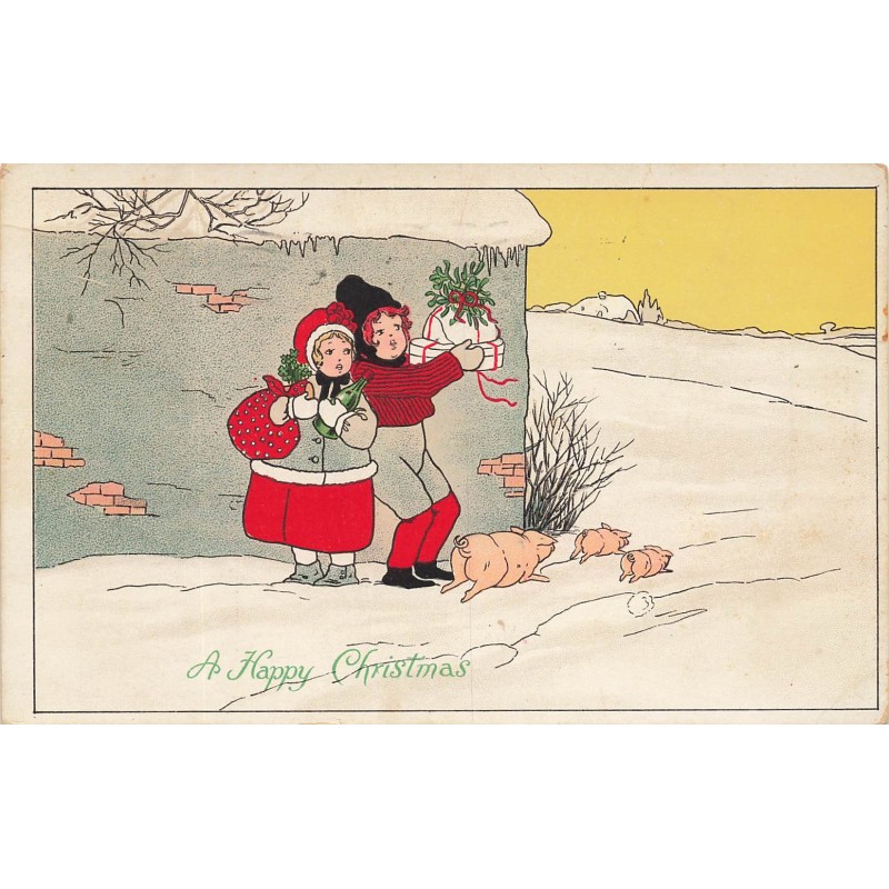 n°29571 - Illustrateur Pauli Ebner - A Happy Christmas - Enfants s'écartant pour laisser passer des cochons courant