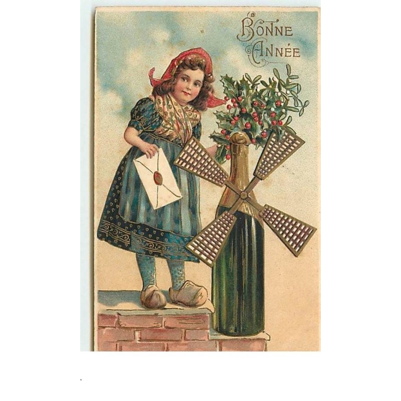 n°13634 - Carte Gaufrée - Bonne Année - Fillette prête d'une bouteille de champagne - Moulin