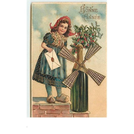 n°13634 - Carte Gaufrée - Bonne Année - Fillette prête d'une bouteille de champagne - Moulin