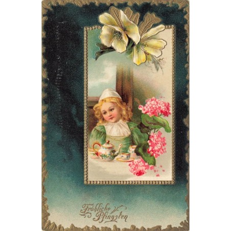 n°29575 - Carte Gaufrée - Clapsaddle - Fröhliche Pfingsten - Fillette prenant le thé